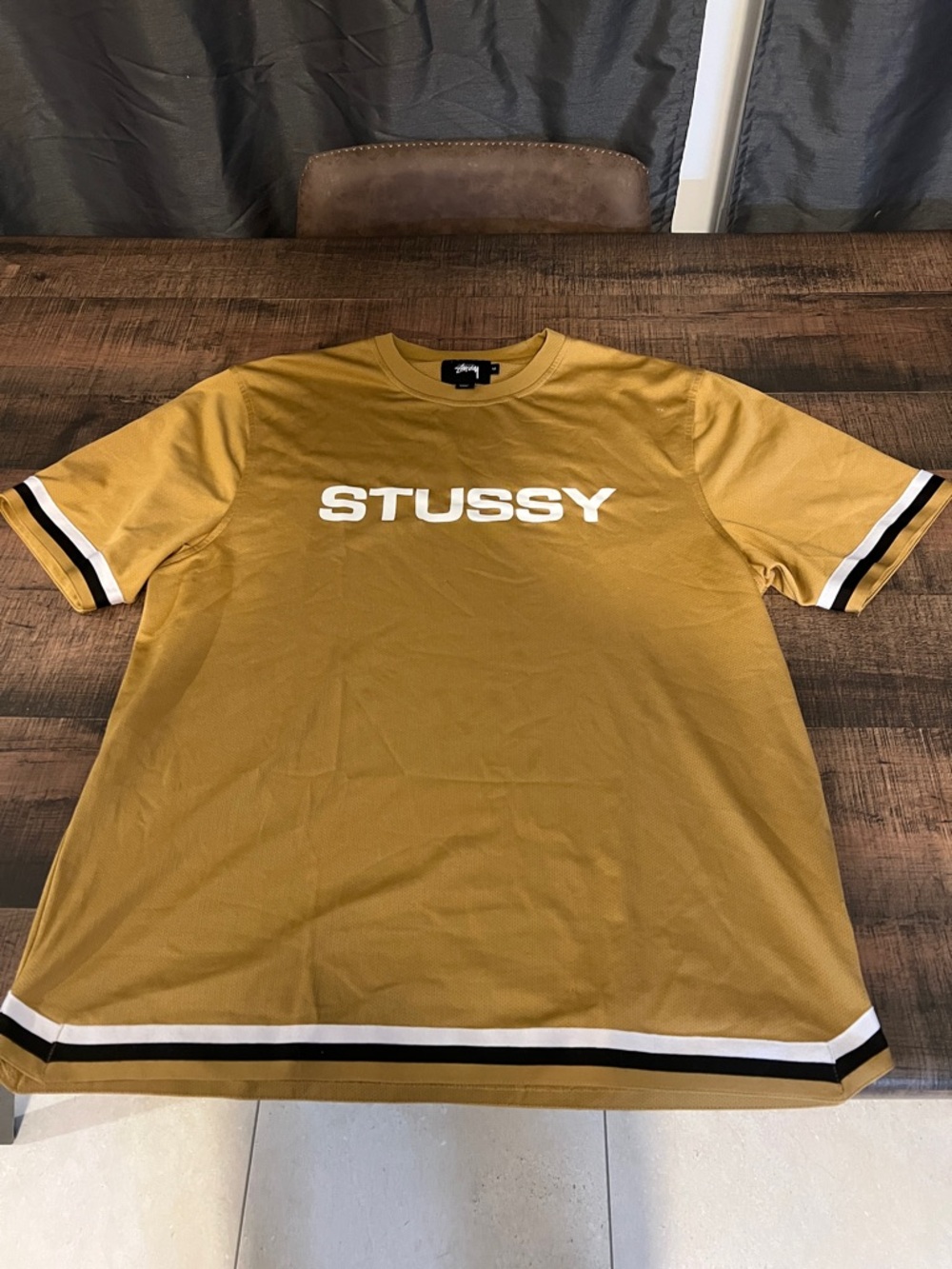 Stussy Mustard Short Sleeve Logo Tee with Black & White Ringer Trim